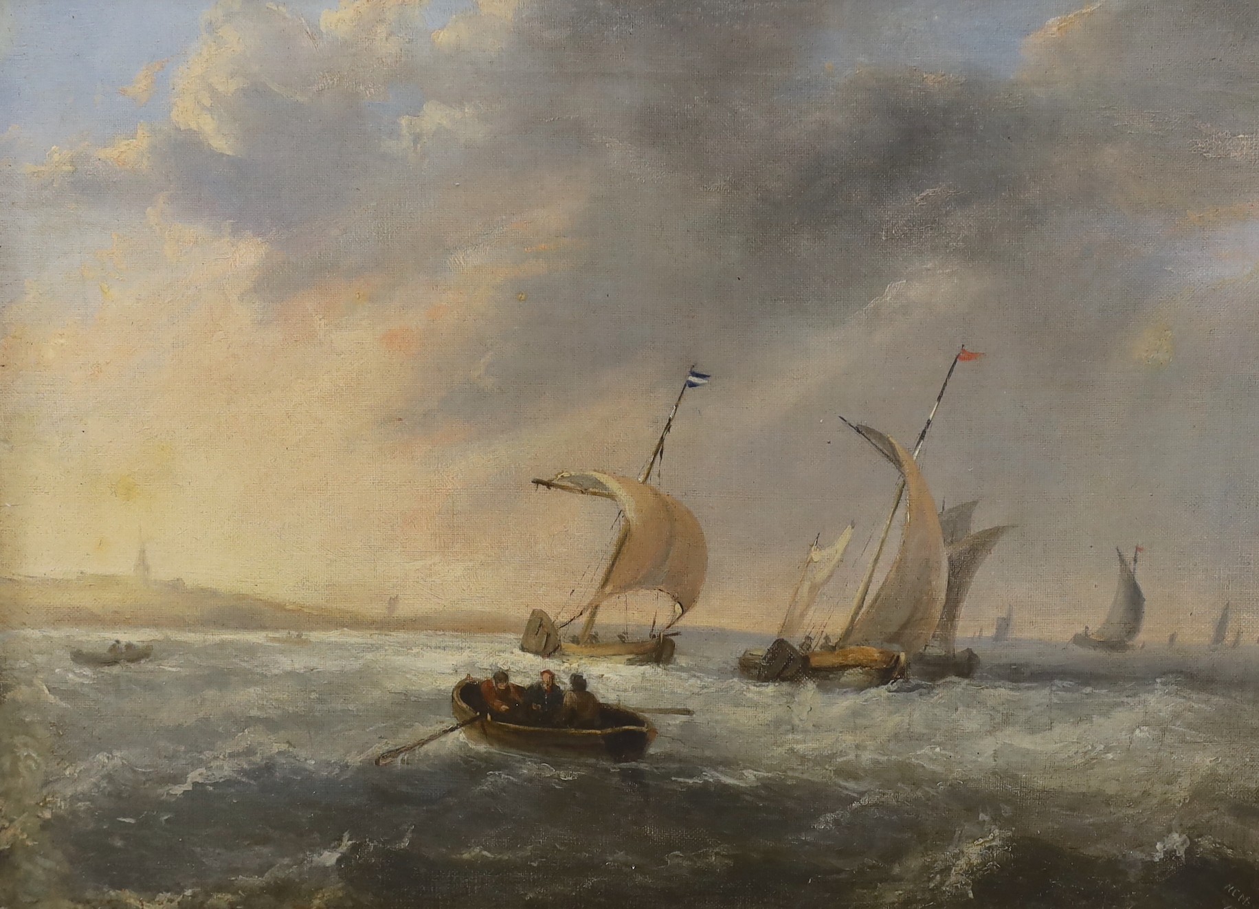 H.C. Maxwell (19th C.), oil on canvas, Sail barges along the coast, signed and dated 1839, 30 x 40cm